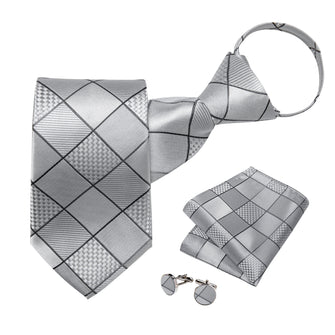Silver Grey Lattice Silk Pre-tied Tie Pocket Square Cufflinks Set