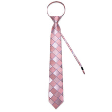 New Pink Silver Lattice Silk Pre-tied Tie Pocket Square Cufflinks Set