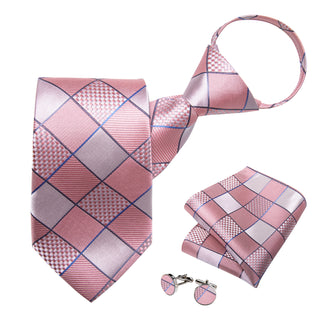 Pink Silver Lattice Silk Pre-tied Tie Pocket Square Cufflinks Set