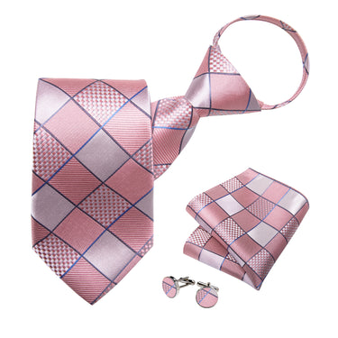New Pink Silver Lattice Silk Pre-tied Tie Pocket Square Cufflinks Set