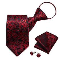 Red Paisley Silk Pre-tied Tie Pocket Square Cufflinks Set