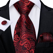 New Red Paisley Silk Pre-tied Tie Pocket Square Cufflinks Set