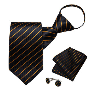 New Black Golden Stripe Silk Pre-tied Tie Pocket Square Cufflinks Set