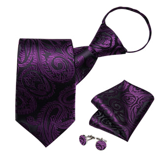 Purple Floral Silk Pre-tied Tie Pocket Square Cufflinks Set