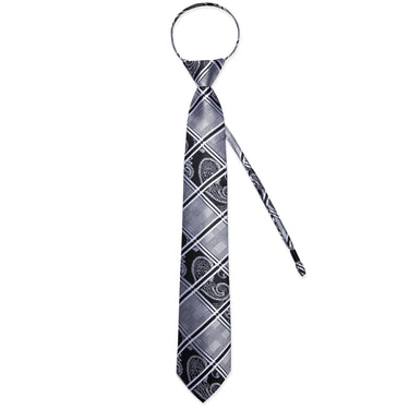 New Silver Black Lattice Silk Pre-tied Tie Pocket Square Cufflinks Set