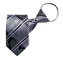 Silver Black Lattice Silk Pre-tied Tie Pocket Square Cufflinks Set