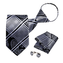 New Silver Black Lattice Silk Pre-tied Tie Pocket Square Cufflinks Set