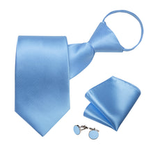 New Sky Blue Stripe Silk Pre-tied Tie Pocket Square Cufflinks Set