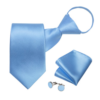 Sky Blue Stripe Silk Pre-tied Tie Pocket Square Cufflinks Set