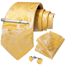 Yellow Floral Men's Tie Handkerchief Cufflinks Clip Set