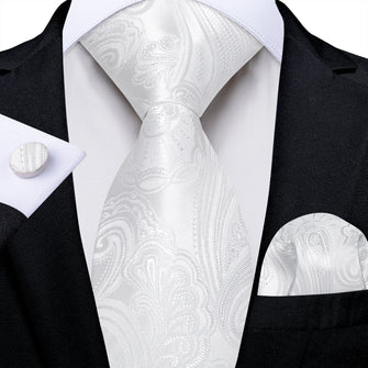 White Floral Men's Tie Pocket Square Handkerchief Set