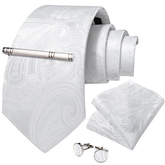 White Floral Men's Tie Handkerchief Cufflinks Clip Set