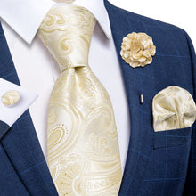 Champagne Floral Silk Men's Necktie Handkerchief Cufflinks Set With Lapel Pin Brooch Set