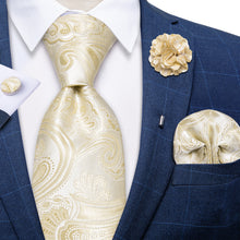 Champagne Floral Silk Men's Necktie Handkerchief Cufflinks Set With Lapel Pin Brooch Set