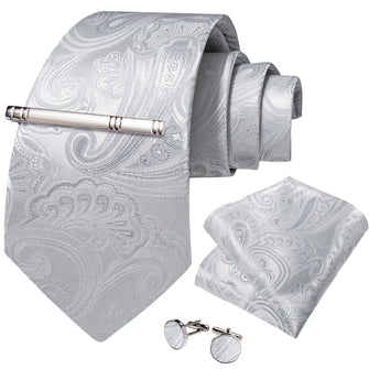 Grey Floral Men's Tie Handkerchief Cufflinks Clip Set