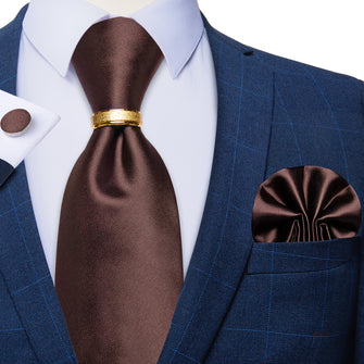 4PCS Brown Solid Silk Men's Tie Pocket Square Cufflinks with Tie Ring Set