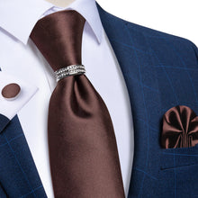 4PCS Brown Solid Silk Men's Tie Pocket Square Cufflinks with Tie Ring Set