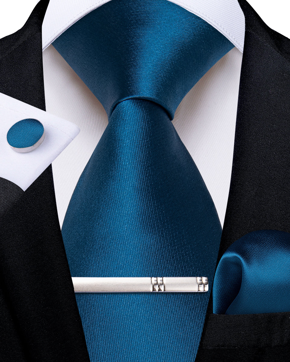 Blue Solid Men's Tie Handkerchief Cufflinks Clip Set