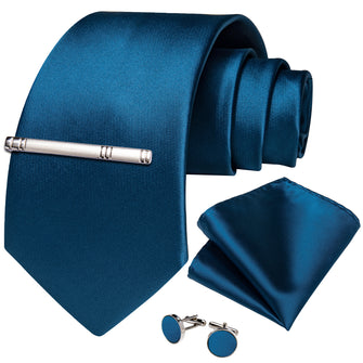 Blue Solid Men's Tie Handkerchief Cufflinks Clip Set