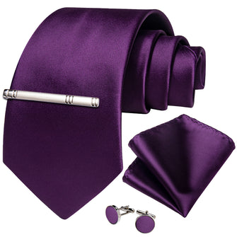 Purple Solid Men's Tie Handkerchief Cufflinks Clip Set