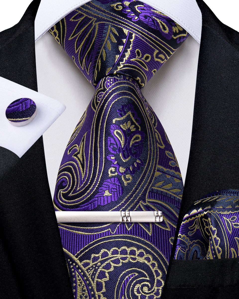 Blue Black Golden Floral Men's Tie Handkerchief Cufflinks Clip Set