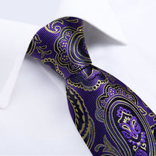 Blue Black Golden Floral Men's Tie Handkerchief Cufflinks Clip Set