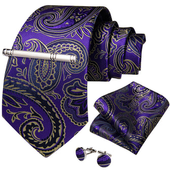 Blue Black Golden Floral Men's Tie Handkerchief Cufflinks Clip Set