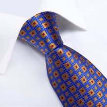Blue Golden Plaid Men's Tie Handkerchief Cufflinks Clip Set