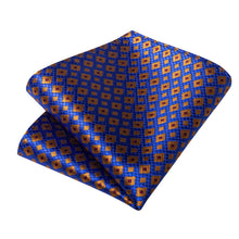 Blue Golden Plaid Men's Tie Handkerchief Cufflinks Clip Set