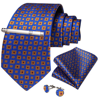 Blue Golden Plaid Men's Tie Handkerchief Cufflinks Clip Set