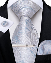 Silver Floral Men's Tie Handkerchief Cufflinks Clip Set