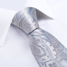 Silver Floral Men's Tie Handkerchief Cufflinks Clip Set