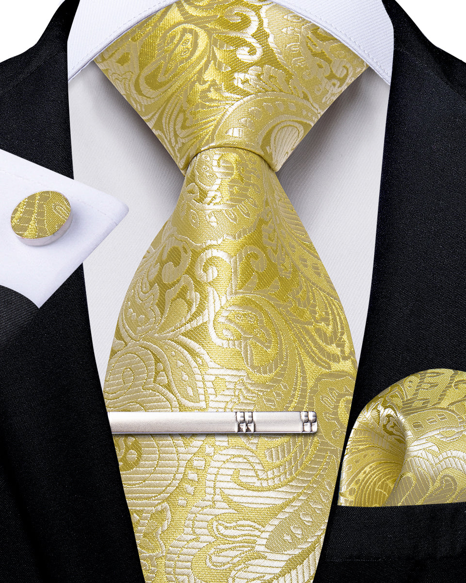 Golden Floral Men's Tie Handkerchief Cufflinks Clip Set