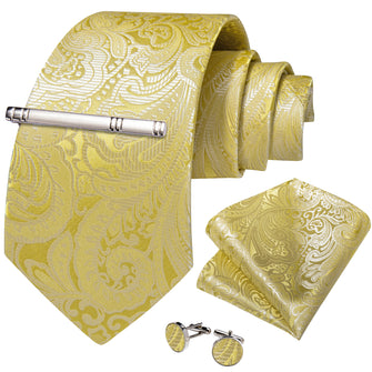 Golden Floral Men's Tie Handkerchief Cufflinks Clip Set