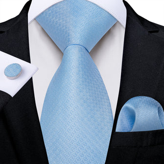 Sky Blue Striped Solid Men's Tie Pocket Square Handkerchief Set