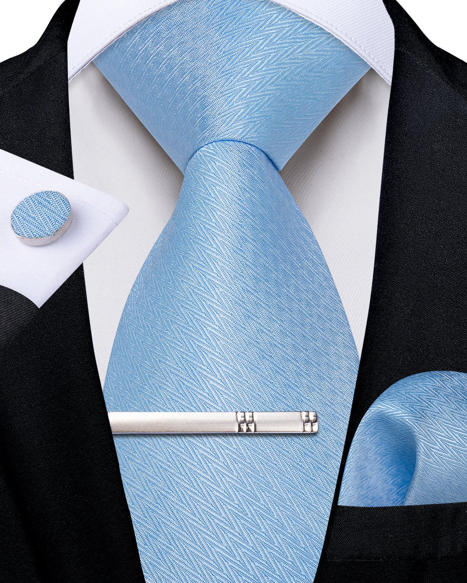 Sky Blue Solid Men's Tie Handkerchief Cufflinks Clip Set