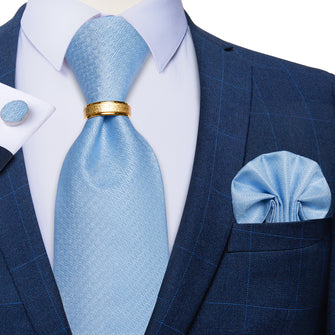 4PCS Light Blue Stripeds Silk Men's Tie Pocket Square Cufflinks with Tie Ring Set