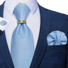 4PCS Light Blue Stripeds Silk Men's Tie Pocket Square Cufflinks with Tie Ring Set