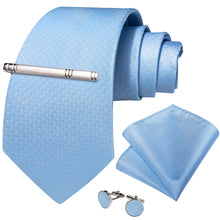 Sky Blue Solid Men's Tie Handkerchief Cufflinks Clip Set