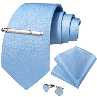 Sky Blue Solid Men's Tie Handkerchief Cufflinks Clip Set