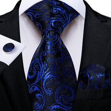 Black Blue Floral Men's Tie Pocket Square Handkerchief Set