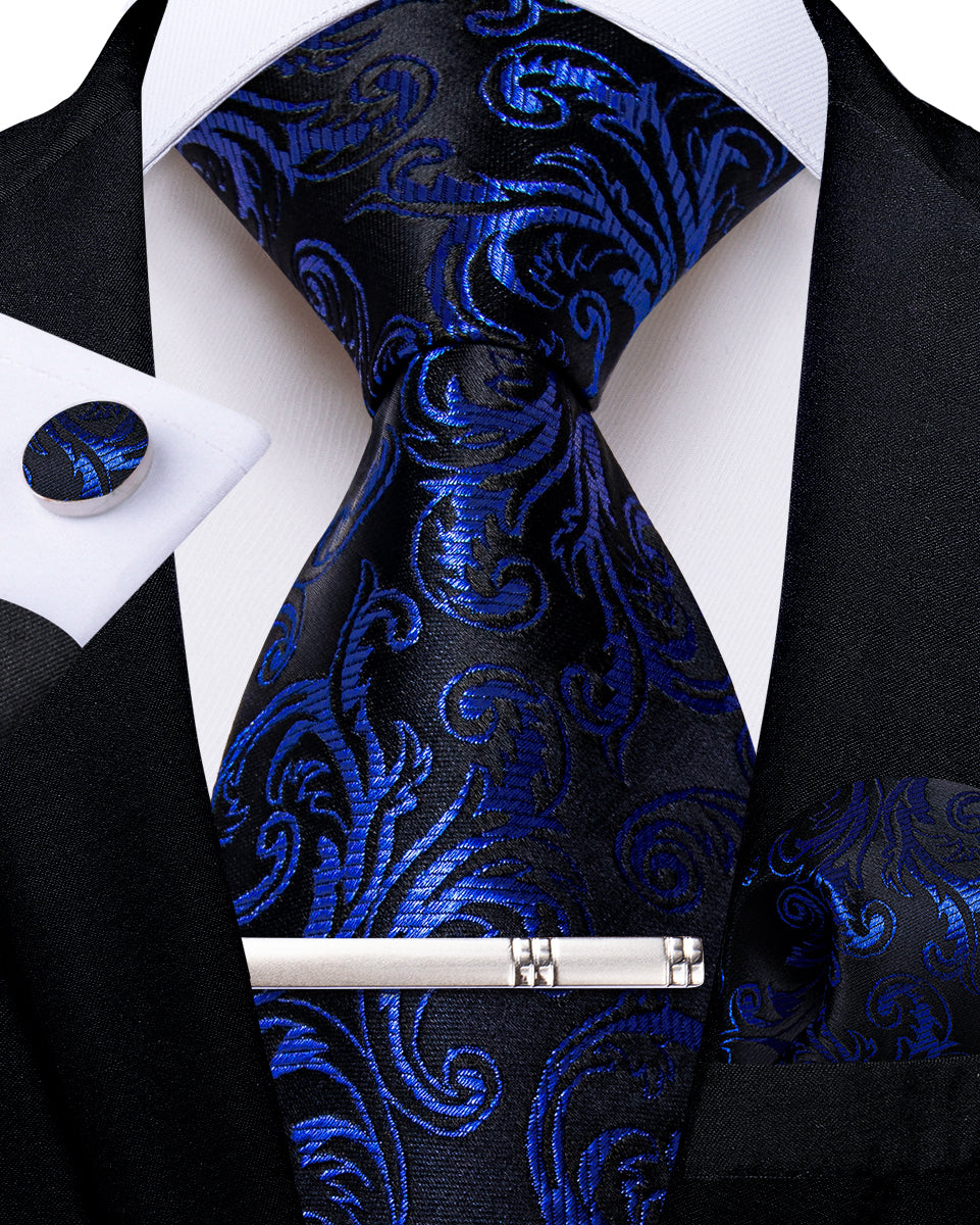 Black Blue Floral Men's Tie Handkerchief Cufflinks Clip Set