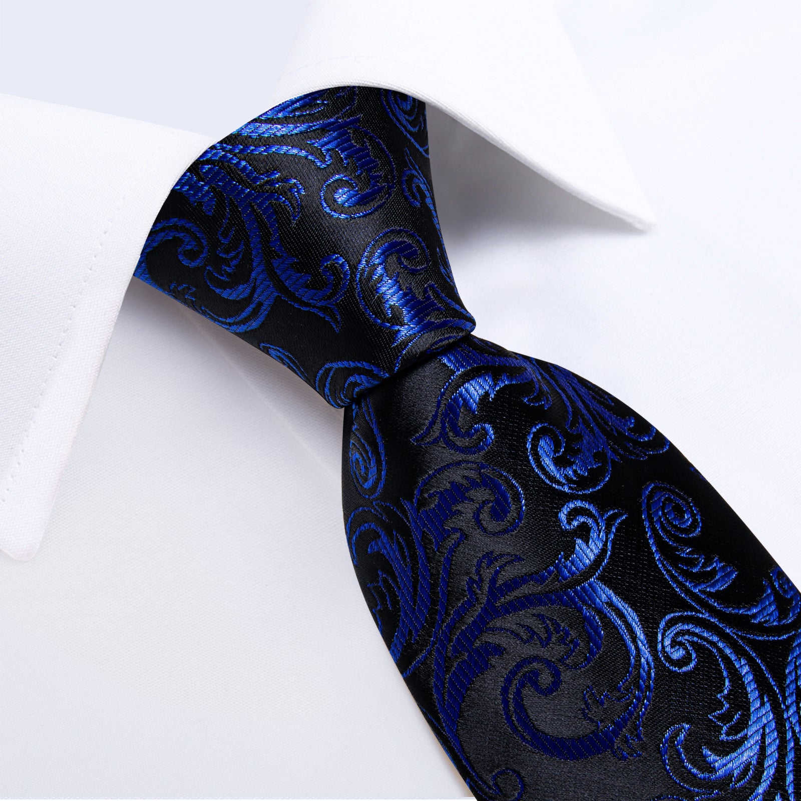 Black Blue Floral Men's Tie Handkerchief Cufflinks Clip Set