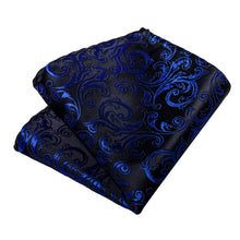 Black Blue Floral Men's Tie Pocket Square Handkerchief Set