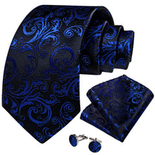 Black Blue Floral Men's Tie Pocket Square Handkerchief Set