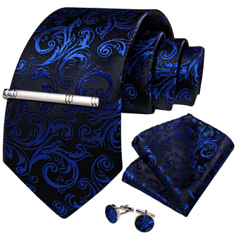 Black Blue Floral Men's Tie Handkerchief Cufflinks Clip Set