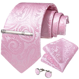 Pink Floral Men's Tie Handkerchief Cufflinks Clip Set