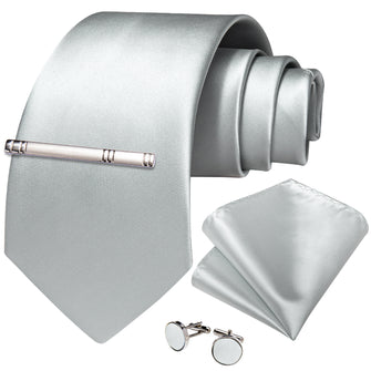 Silver Solid Men's Tie Handkerchief Cufflinks Clip Set