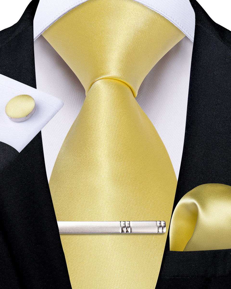Light Yellow Solid Men's Tie Handkerchief Cufflinks Clip Set
