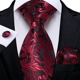 Red Floral Men's Tie Pocket Square Handkerchief Set